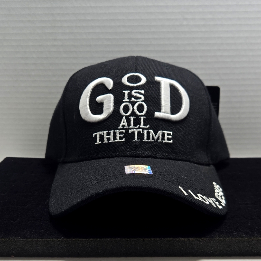 Black Embroidered Cap with White Text (GOD IS GOOD ALL THE TIME) Velcro Strap